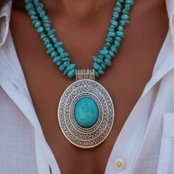 NEW Boho Handmade Double Strand Turquoise Silver Pendant Necklace, Adjustable - Picture 2 of 7